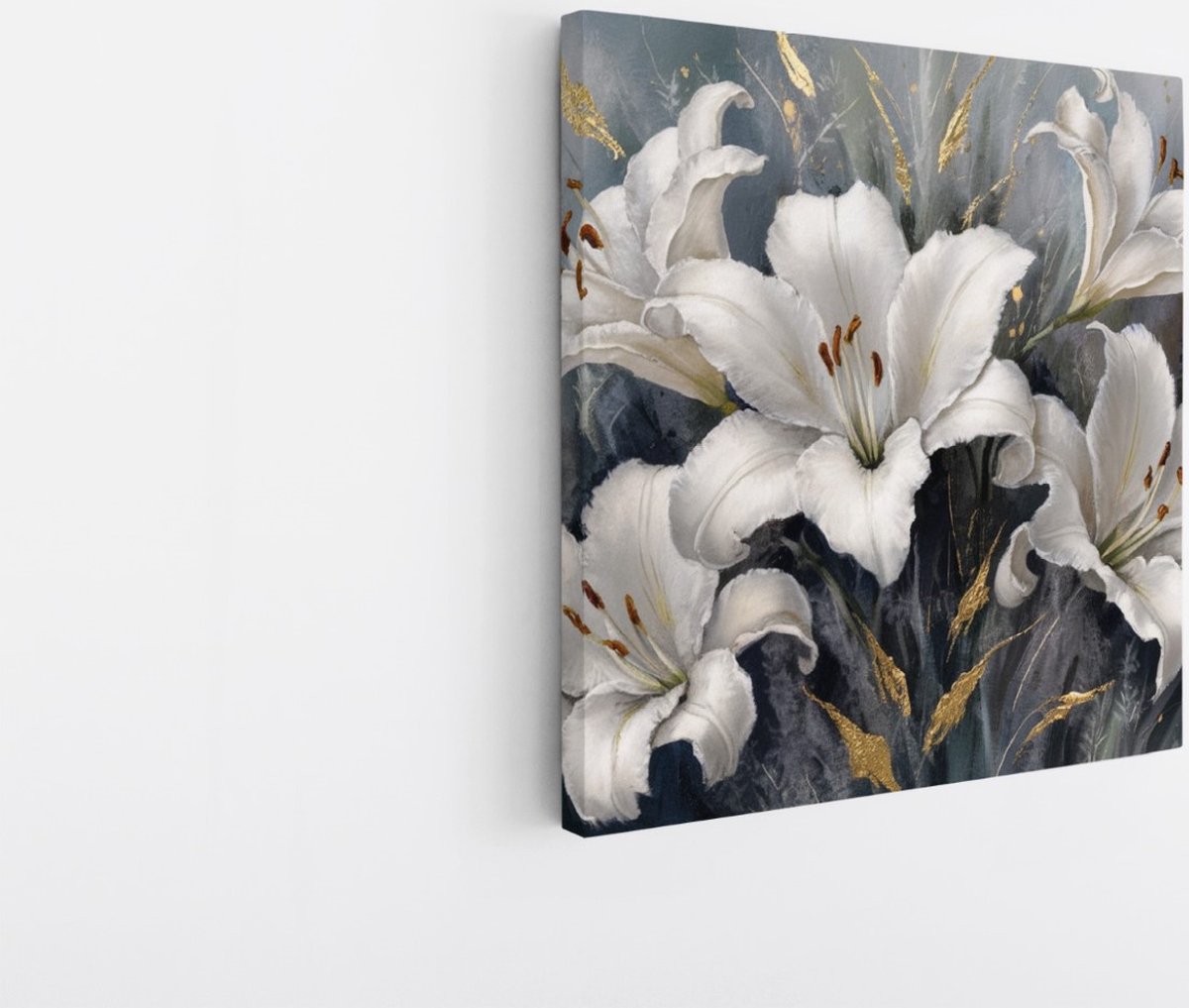 Saammp Canvas Schilderij - Witte Bloemen met goud - blauw - Bloemen - Abstract - 40x40 - Foto op canvas - Wanddecoratie - Muurdecoratie Woonkamer - Kantoor Decoratie Multicolor