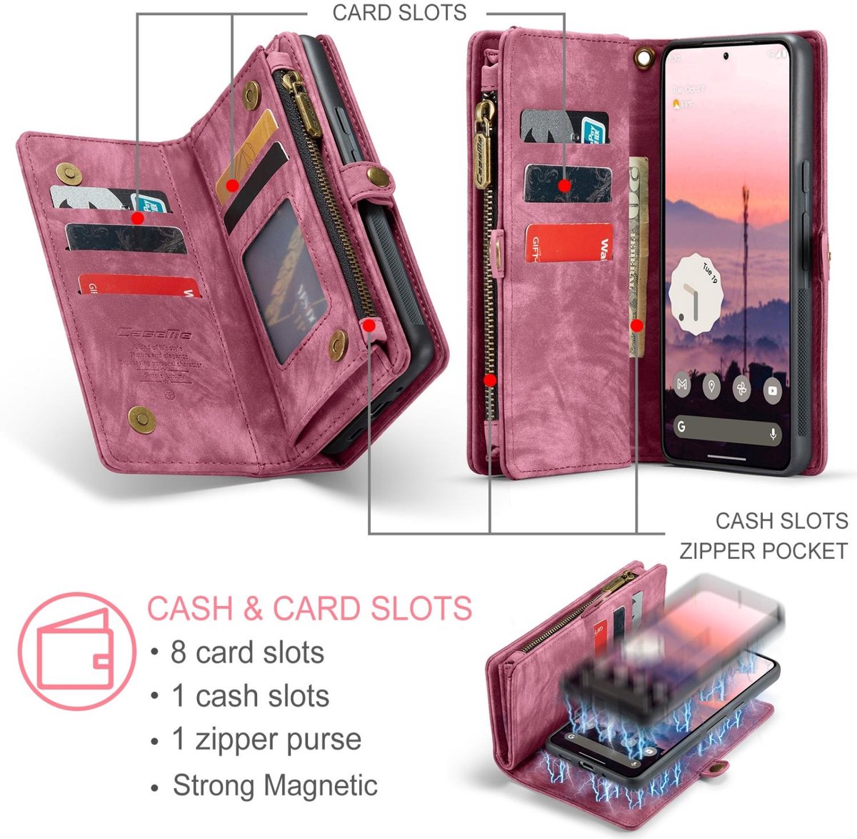 CaseMe Telefoonhoesje geschikt voor Google Pixel 9 Pro XL Hoesje | CaseMe 008 Uitneembare 2in1 Bookcase Portemonnee | Pasjeshouder voor 8 Pasjes | Telefoonhoesje voor Pinpas / OV Kaart / Rijbewijs - Rood