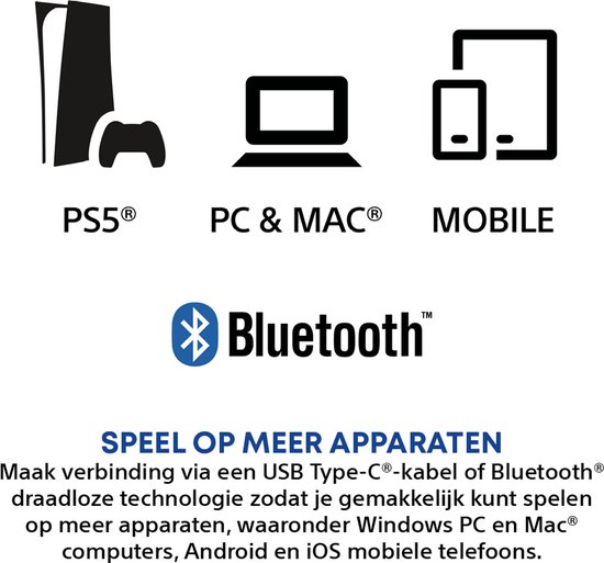 Pictogrammen die compatibiliteit tonen met PS5, PC & MAC, en mobiel via Bluetooth.