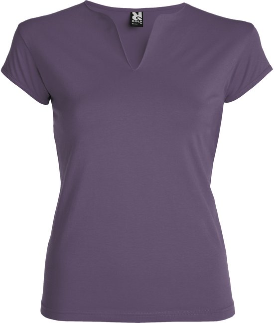Lila Dames afgeronde V-hals getailleerd t-shirt model Belice maat M