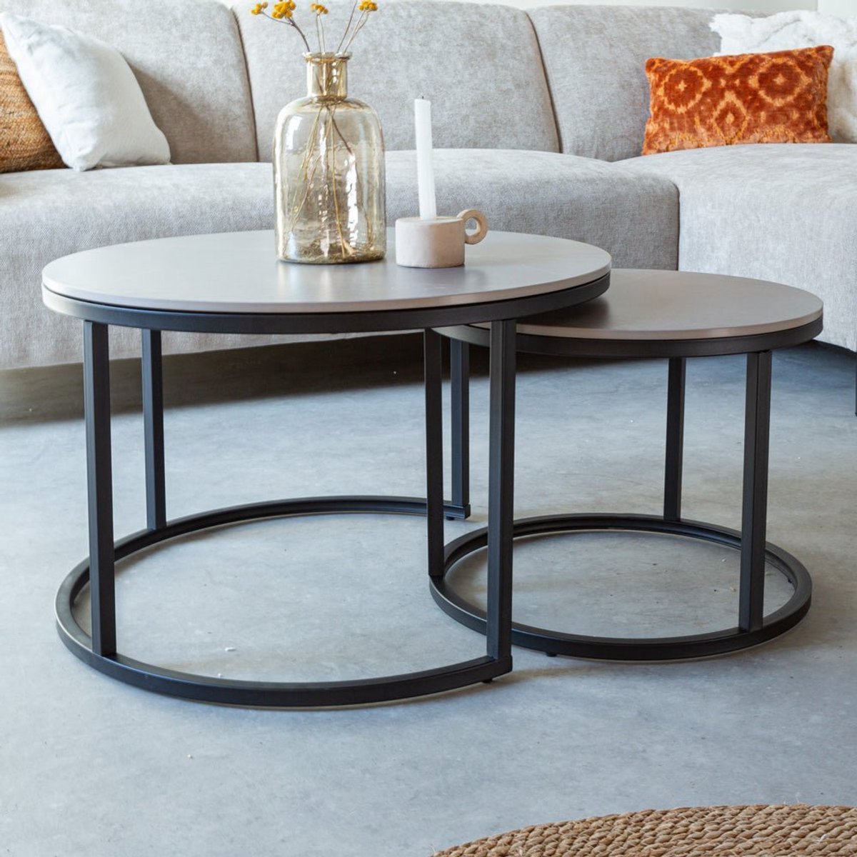 Dimehouse Salontafel set van 2 Trevor marmer grijs rond - 68 x 68 x 43 cm - Marmer - Modern - Rond