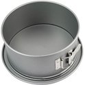Een ronde, zilverkleurige springvorm met een losse bodem en een klemmechanisme.