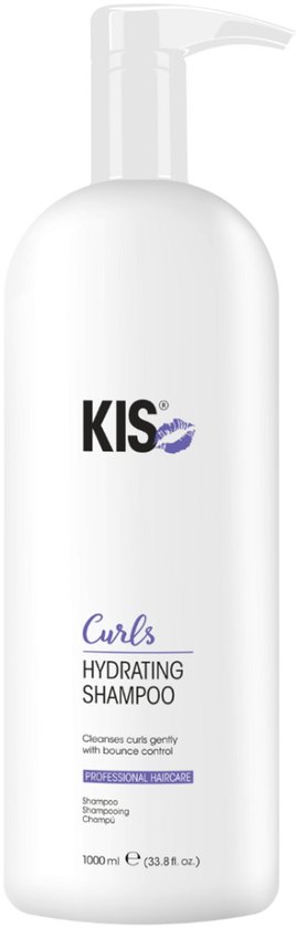 Witte fles KIS Curls Hydrating Shampoo met paarse tekst. 1000 ml.