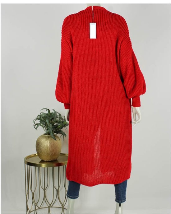 Long gilet rouge en maille avec manches bouffantes, poches plaquées et un devant ouvert, vue arrière.