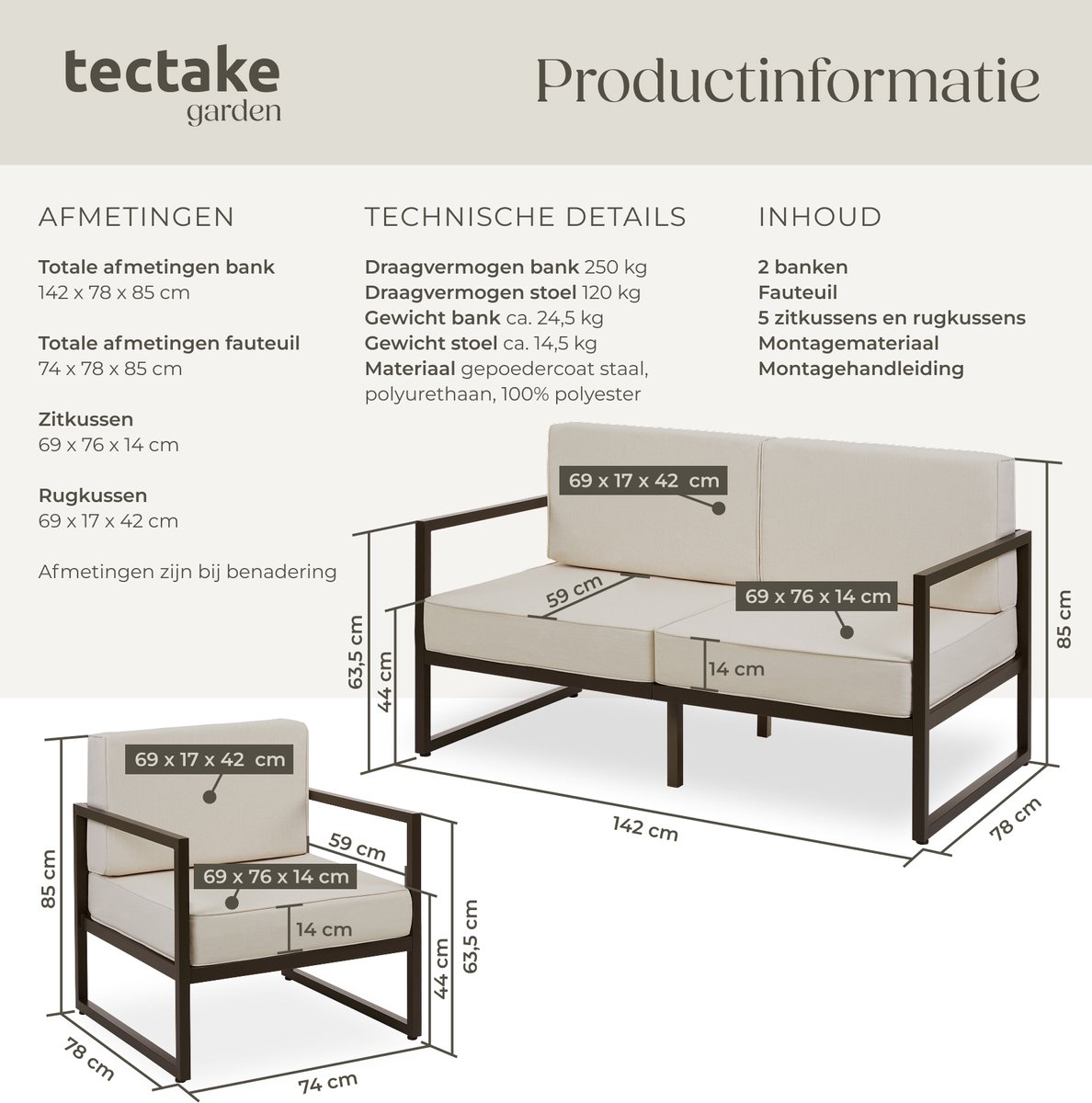 tectake® - Tuin-loungeset Comosa - Voor 5 personen - Tuinset - 2 loungebanken en tuin fauteuil - Waterafstotende en ultradikke zit-en rugkussens - Draagkracht 120kg per zitplaats - Bruin/beige – foto 5