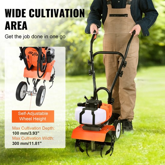 VEVOR Tuinfrees 43CC Waterverplaatsing Motorschoffel op gas 300mm Teeltbreedte Motorfrees 100mm Teeltdiepte Grondschoffel Stalen Teeltmes Veldfrees 1110x448x910mm Cultivator van VEVOR — afbeelding 3