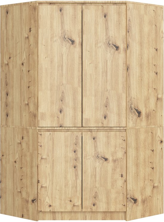 Houten hoekkast met vier deuren.
