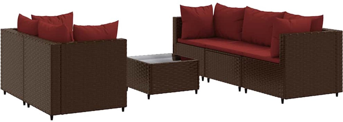 The Living Store 6-delige Loungeset met kussens poly rattan bruin - Loungeset - Lounge Set - Buitendecoratie - Tuinmeubels - Pe Rattan