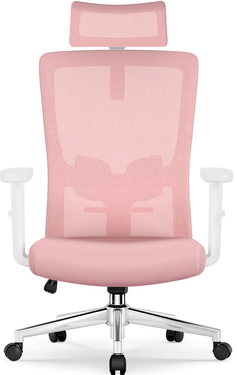 Ergonomische Bureaustoel - Bureaustoel - Bureaustoelen voor Volwassenen - met Verstelbare Hoofdsteun, Armleuningen en Lendensteun - 150 Kg - Roze