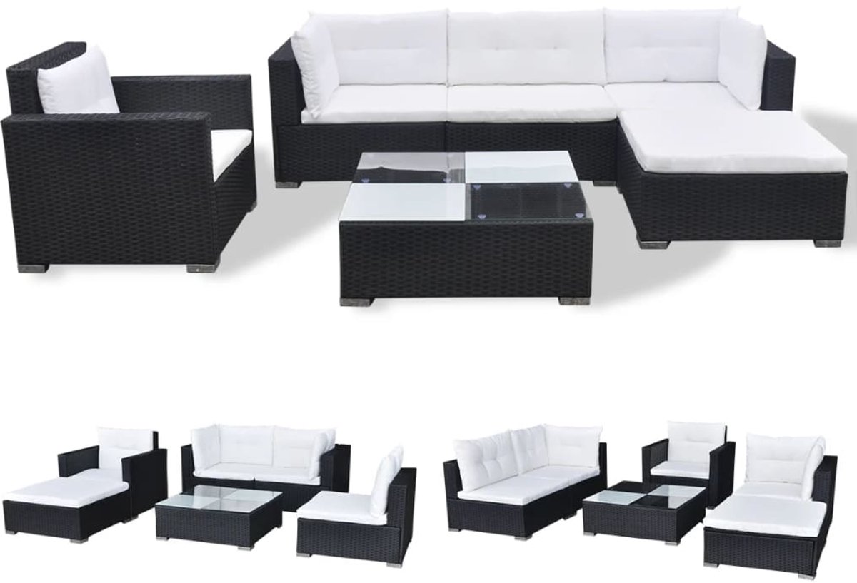 Zwarte poly rattan loungeset met kussens voor tuin en terras.