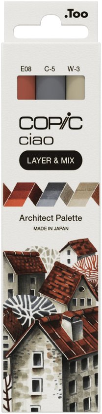 Palette d'architecte Copic Ciao « LAYER & MIX », 3 pièces, beige, marron, gris chaud, pointe biseautée/pinceau, ronde, encre à base d'alcool, adulte/enfant