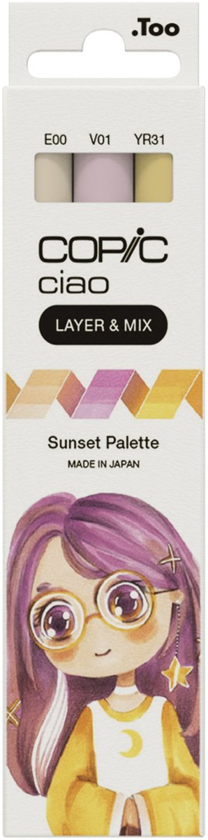 Copic Ciao "LAYER & MIX" Sunset Palette, 3 stuk(s), Beige, Roze, Geel, Beitel/penseelpunt, Rond, Inkt op alcoholbasis, Volwassene/Kind