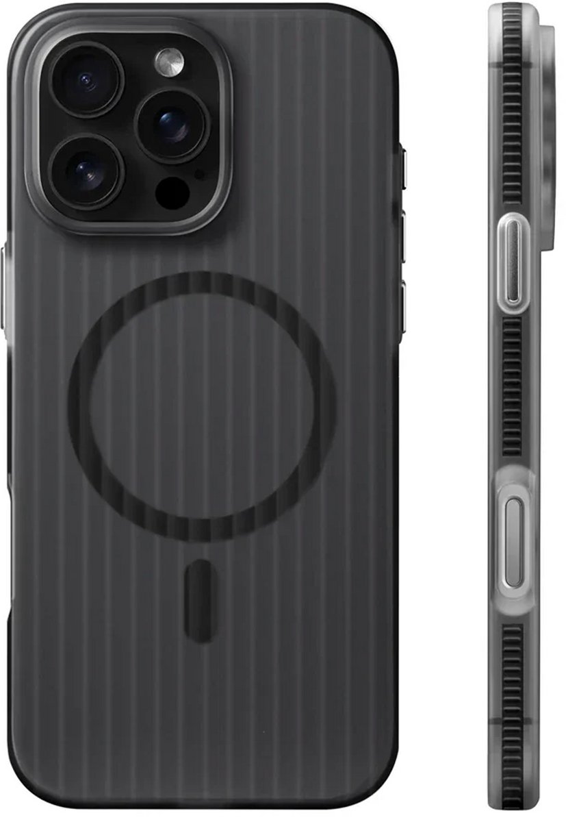 Qost Telefoonhoesje Geschikt voor iPhone 16 - Geschikt voor MagSafe - Gegolfd Design - Mat Zwart Transparant