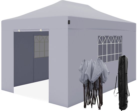 LifeGoods Partytent - Paviljoen - 3x4.5 m - Zijwanden - Easy Up - Opvouwbaar - Waterdicht - Draagtas met Wieltjes - Donkergrijs