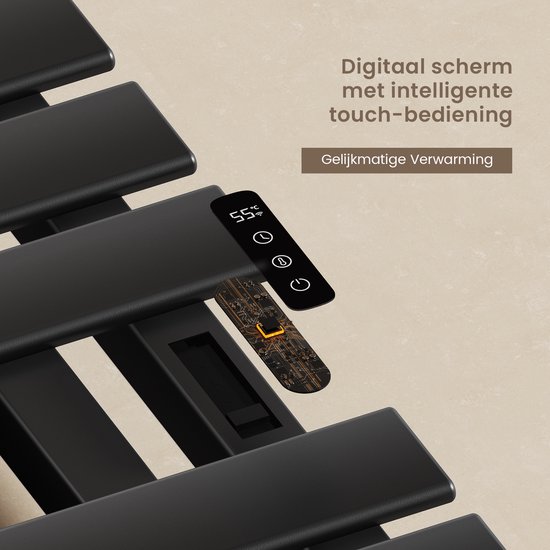 Zwarte handdoekradiator met digitaal touchscreen en intelligente touch-bediening. Toont 55°C.