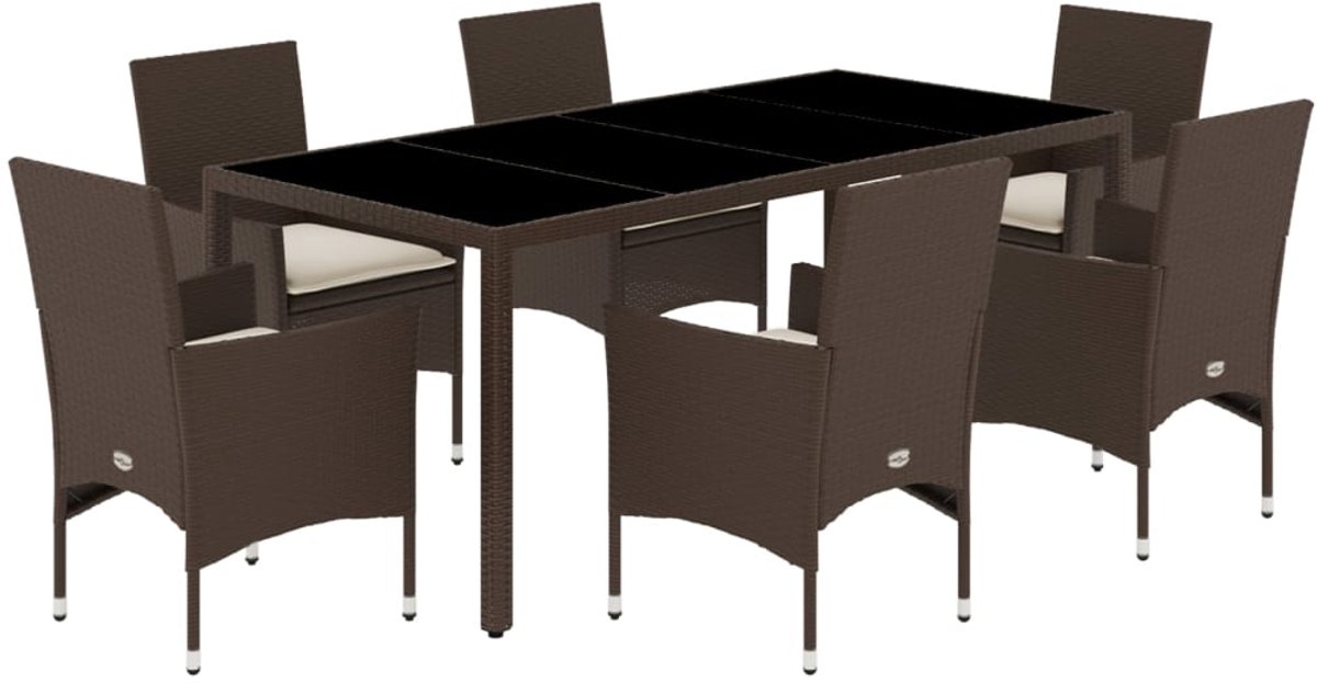 The Living Store 7-delige Tuinset met kussens poly rattan en glas bruin - Tuin Set - Buiten Eetkamer - Lounge Set - Patio Set - Garden Furniture Tuinset met bruin poly rattan, kussens, glas - The Living Store.