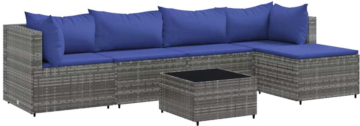 The Living Store 6-delige Loungeset met kussens poly rattan grijs - Loungeset - Tuinmeubels - Lounge Set - Buitendecoratie - Pe Rattan