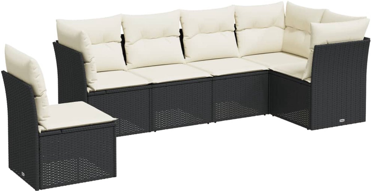 Zwarte poly rattan loungeset met kussens voor tuinmeubels.