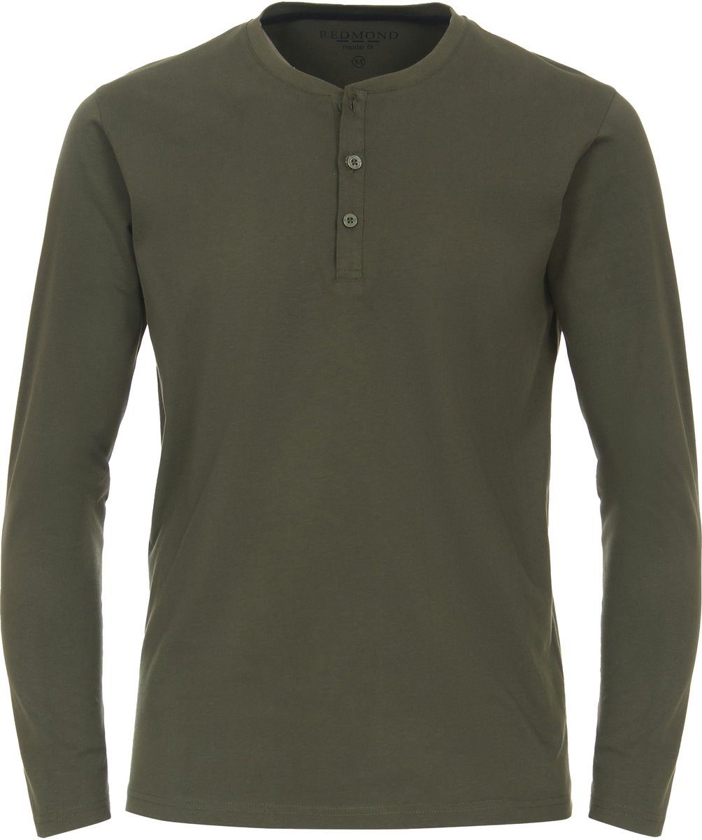 Redmond regular fit T-shirt - lange mouw O-hals met knoopsluiting - groen