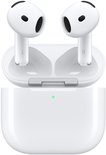 AirPods blancs marqués L et R dans un étui de chargement blanc ouvert.