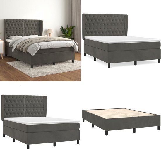 vidaXL Boxspring avec matelas Velours Gris foncé 140x190 cm - Boxspring - Sommiers - Lit - Meubles de couchage
