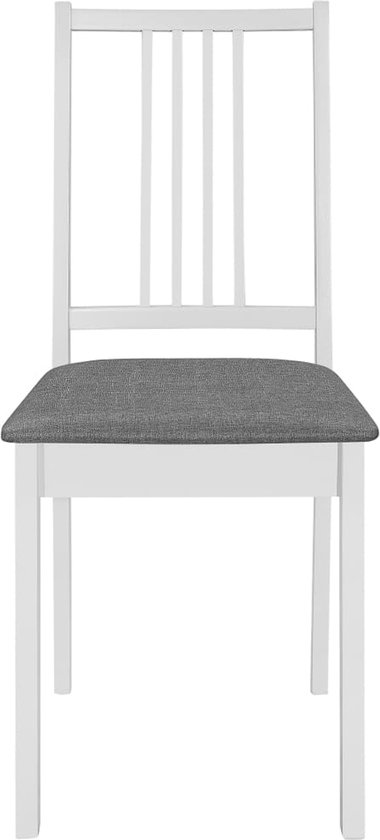 Chaise de salle à manger blanche avec une assise en tissu gris et un dossier à trois barreaux verticaux.