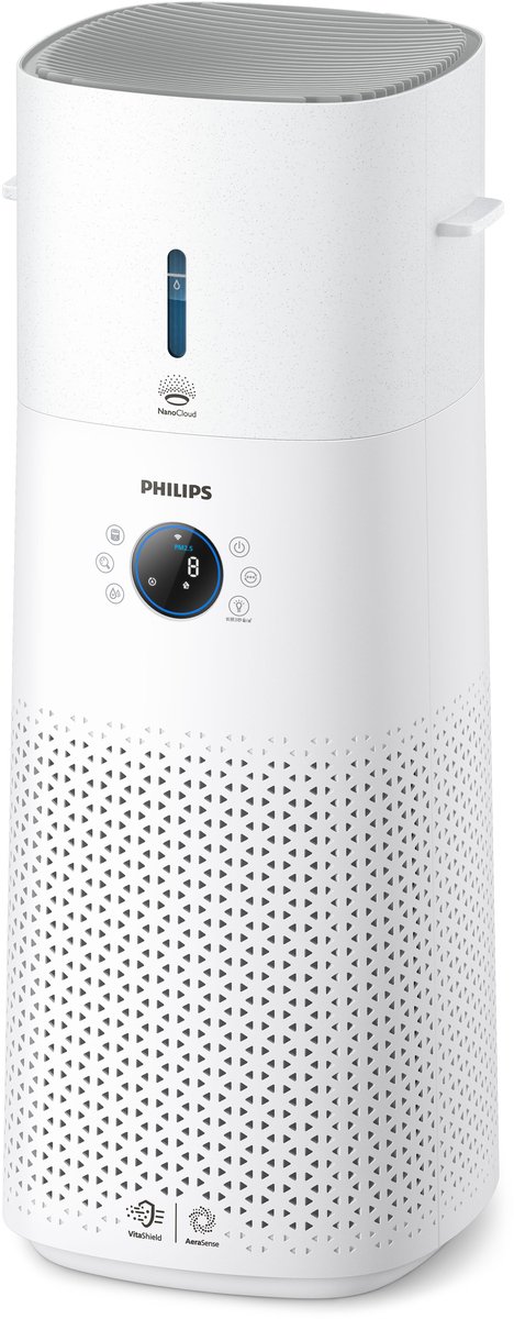 Philips 2-in-1 luchtzuiveraar en luchtbevochtiger: Krachtige prestaties, makkelijk te gebruiken. Werkt als luchtbevochtiger en luchtzuiveraar, of alleen als luchtzuiveraar met afneembare watertank. Reinigt grote ruimten grondig en verwijdert 99,97% van de