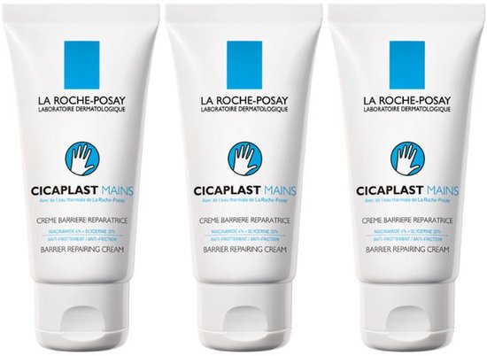 Drie tubes La Roche-Posay Cicaplast Mains handcrème, elk met blauw logo en witte tekst.