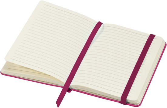 Open roze notitieboek met dubbele elastische band en bladwijzers.