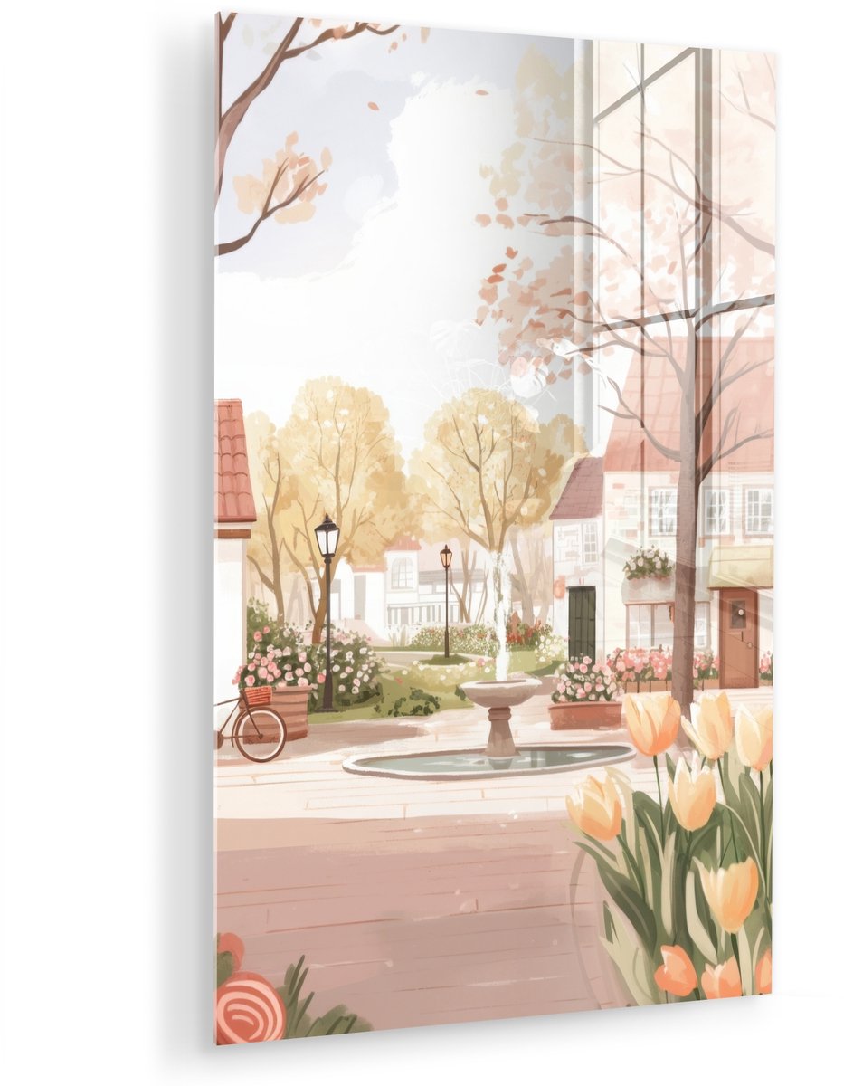 MuchoWow® Glasschilderij 60x90 cm - Schilderij acrylglas - Dorpsplein - Fontein - Tulpen -