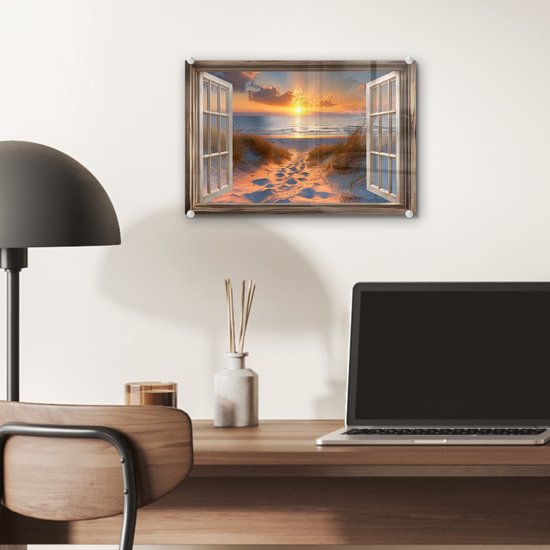 MuchoWow® Peinture sur verre 30x20 cm - Peinture sur verre acrylique - Vue à travers - Plage - Dunes - Coucher de soleil - Photo sur verre - Décoration murale salon - Décoration murale chambre - Peintures