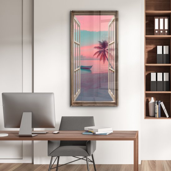 MuchoWow® Glasschilderij 60x120 cm - Schilderij acrylglas - Doorkijk - Strand - Palmboom - Tropisch - Foto op glas - Muurdecoratie woonkamer - Wanddecoratie slaapkamer - Schilderijen