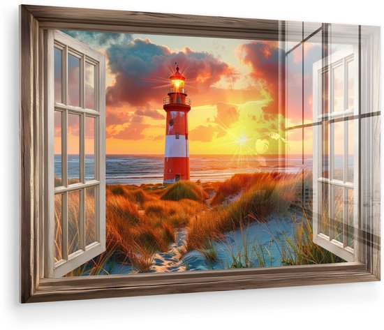 MuchoWow® Glasschilderij 120x80 cm - Schilderij acrylglas - Doorkijk - Raam - Vuurtoren - Zonsondergang - Strand - Foto op glas - Muurdecoratie woonkamer - Wanddecoratie slaapkamer - Schilderijen