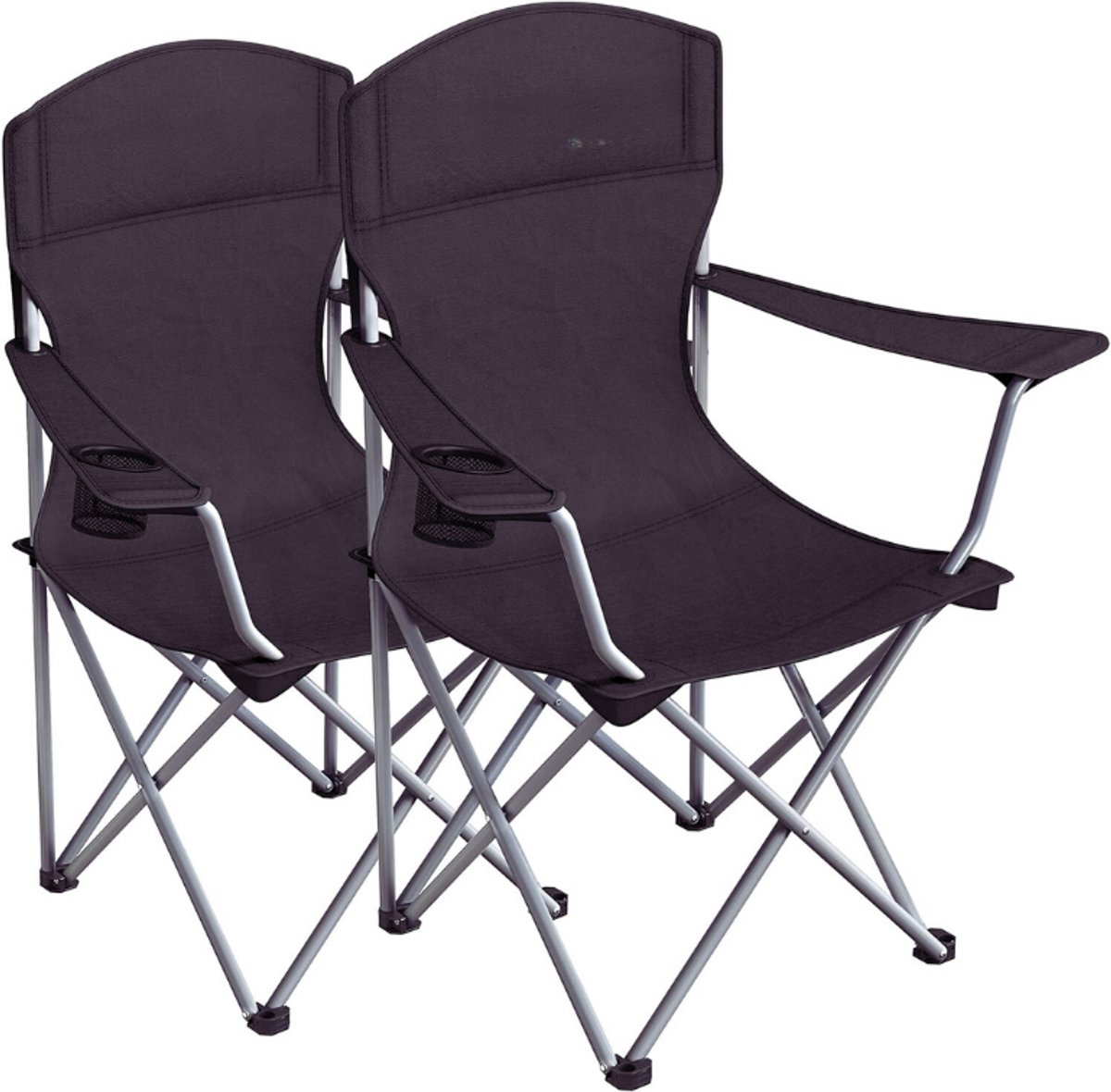 Set Van 2 Inklapbare Campingstoelen Met Hoge Rugleuning En bekerhouder - Comfortabel En Robuust Tot 150 kg - Zwart