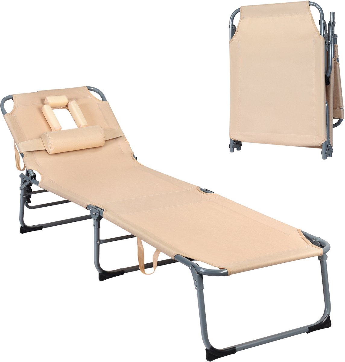 COSTWAY Zonneligstoel met gezichtsopening, inklapbare ligstoel met verstelbare rugleuning en hoofdsteun, strandstoel, ligstoel voor tuin, strand, 194 x 60 x 36 cm (beige)