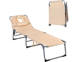 COSTWAY Zonneligstoel met gezichtsopening, inklapbare ligstoel met verstelbare rugleuning en hoofdsteun, strandstoel, ligstoel voor tuin, strand, 194 x 60 x 36 cm (beige)