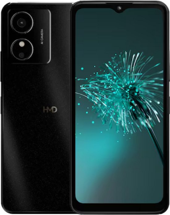Zwarte smartphone, voor- en achterkant zichtbaar. De voorkant heeft een druppelinkeping en een groen scherm.