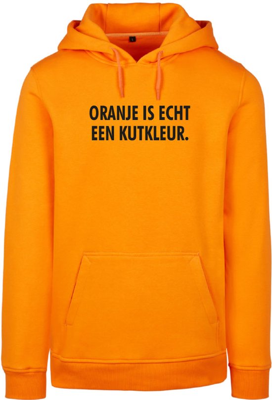 Hoodie oranje M - V - Oranje is echt een kutkleur - voorkant - soBAD. - Koningsdag - Unisex - Oranje - Voetbal - Nederland