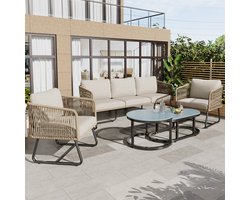 Sweiko Tuin loungeset - 3 Zits Bank + 2 Fauteuils + 2 Salontafels - Verstelbare Poten - Glazen Bovenblad - Met Kussens - Beige