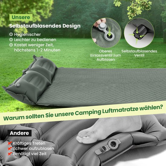 COSTWAY Campingmat, zelfopblazend, 2 personen, campingmat met kussen, ultralicht, waterdicht, luchtmatras, campingmatras, slaapmat voor kamperen, wandelen, strand, reizen van Costway — afbeelding 2
