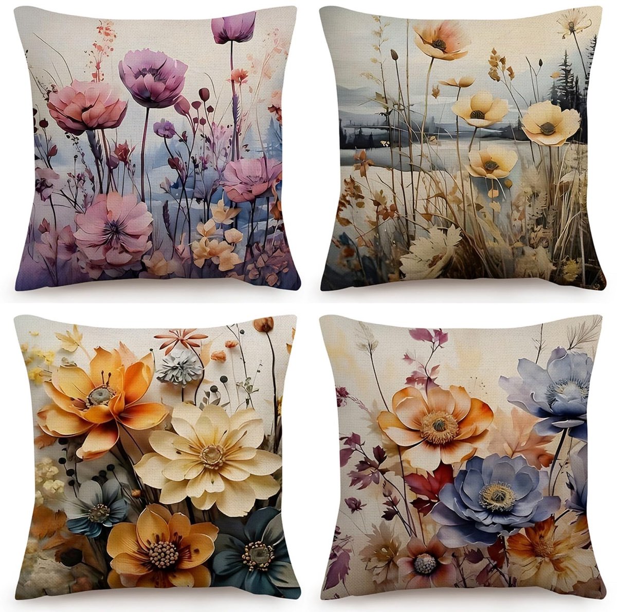 My Ninki ® Set van 4 Decoratieve Linnen Bloemen Kussenhoezen voor Binnen en Buiten - 50 x 50 cm