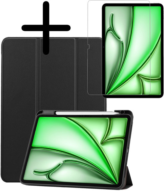 Étui et protection d'écran pour tablette noirs, présentés en utilisation avec la tablette en mode support.