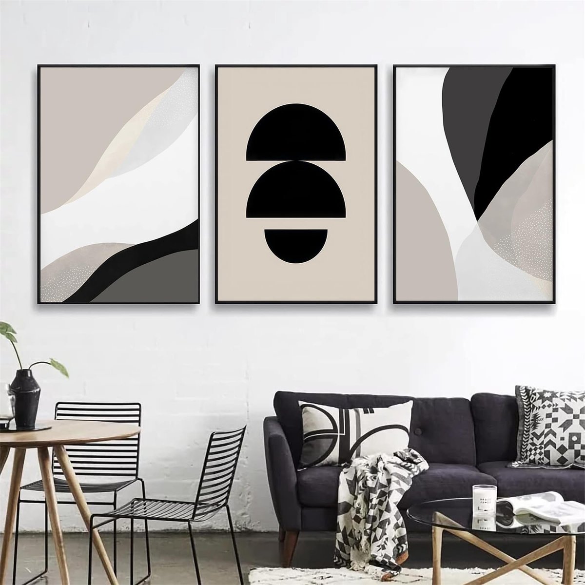 My Ninki ® Drie-Delige Luxe Posterset, Abstracte Boho Kunst, Zwart Beige Wanddecoratie Zonder Lijst kleur
