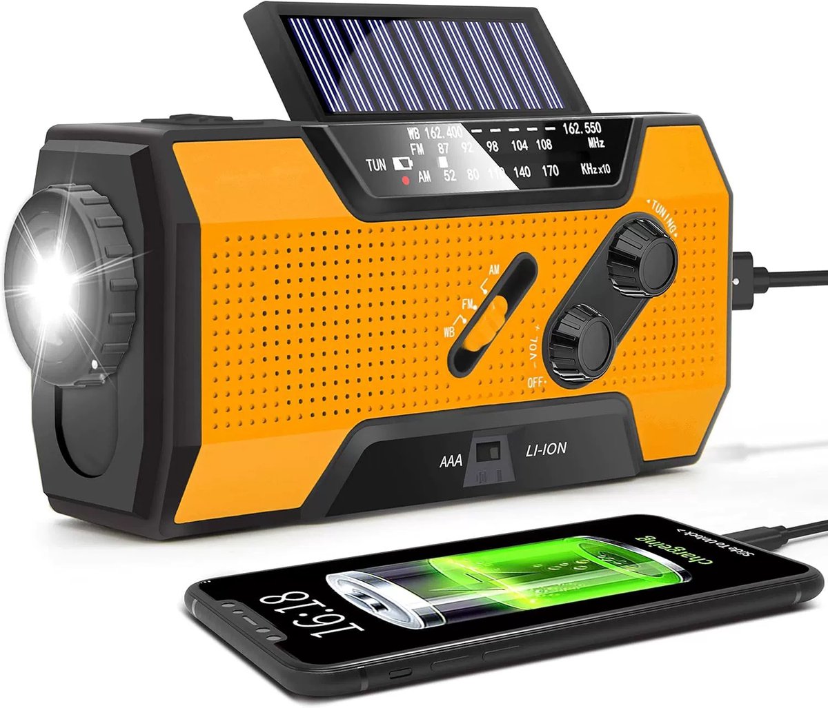 Noodradio voor rampen met draagbare powerbank van 2000 mAh, opladen via USB/zonne-energie/handzwengel, op batterijen, SOS-alarm en zaklamp voor noodgevallen binnen en buiten - oranje kleur