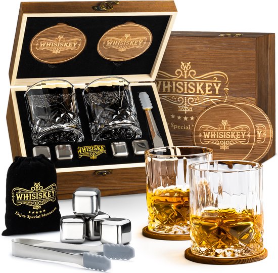 Whisiskey Luxe Whiskey Set - Incl. 2 Whiskey Glazen, 4 RVS Whiskey Stones, 2 Onderzetters, Fluwelen Opbergzak, Opbergbox - Whisky Geschenkdoos - Glas - Herbruikbare IJsblokjes