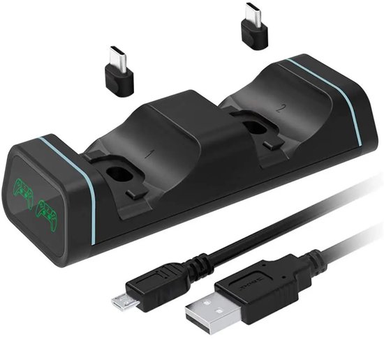Zwart laadstation voor controllers met blauwe accenten, inclusief USB-kabel en twee USB-C adapters.