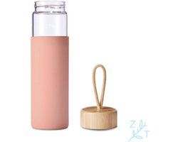 ZijTak - Drinkfles - Waterfles - Glas - Bamboe deksel - Transparant - 500 ml - 0.5 liter - Silicone Sleeve - Roze