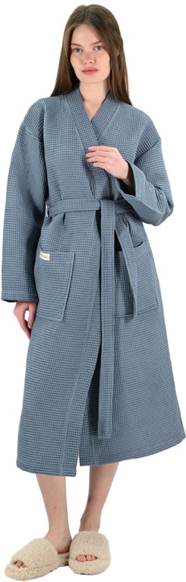 PandaHome - Badjas Badjas % Katoen - L - Blue - Gaufre en Katoen - Kimono - Badjas Femme - Badjas Homme - Badjas Femme et Homme