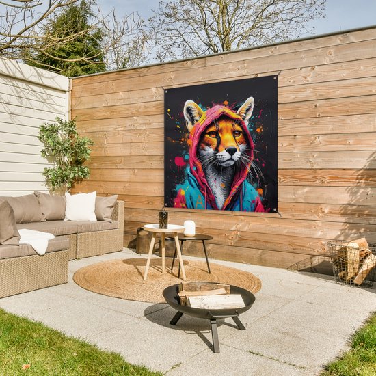 Affiche de jardin 100x100 cm - Décoration de jardin Graffiti - Renard - Manteau - Pop art - Animaux - Affiche pour le jardin - Décoration extérieure - Tableau de jardin clôture - Décoration murale toile jardin - Décoration murale toile balcon
