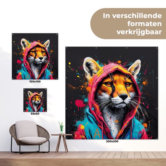 Affiche de jardin 100x100 cm - Décoration de jardin Graffiti - Renard - Manteau - Pop art - Animaux - Affiche pour le jardin - Décoration extérieure - Tableau de jardin clôture - Décoration murale toile jardin - Décoration murale toile balcon